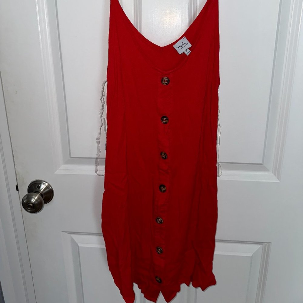 Red Button Up Mini Dress With Button Detail - Size M